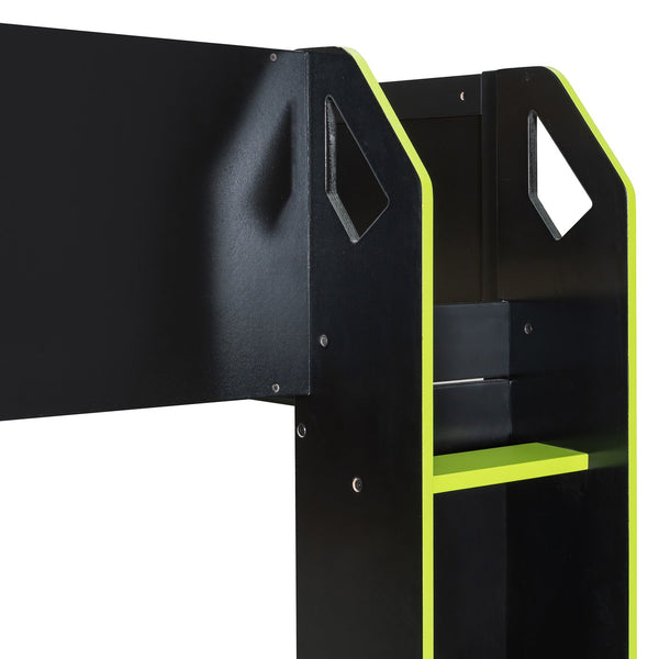 English Elm Full Size Loft Bed with Rgb Lighting Desk Drawers Hanging Rod Teen Bedroom Green LT000288AAF-1