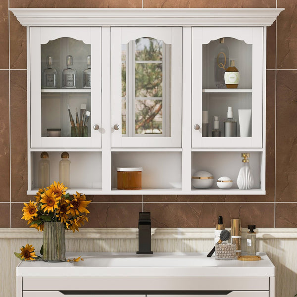 English Elm 47" Wall Mounted Bathroom Cabinet with Mirror — Space-Saving 3 Adjustable Shelves, Pine Accents, Water-Resistant Finish N710P264268K