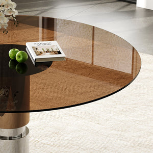 English Elm 35-inch Round Tempered Glass Dining Table with Steel Base for Small Apartments W509S00163