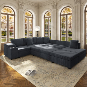 English Elm 110.2" Corduroy Sectional Sleeper Sofa with Ottoman Usb Ports Storage Armrests Living Room Dark Gray W3219S00012