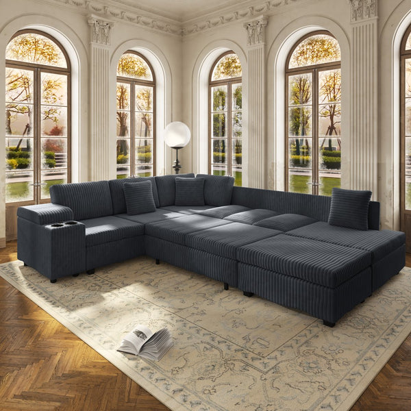 English Elm 110.2" Corduroy Sectional Sleeper Sofa with Ottoman Usb Ports Storage Armrests Living Room Dark Gray W3219S00012