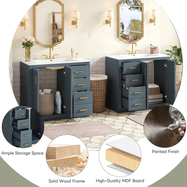 English Elm 72'' Modern Blue Bathroom Vanity With Ceramic Sink, Soft-Closing Drawers & Solid Wood Frame Storage N710SS00013C