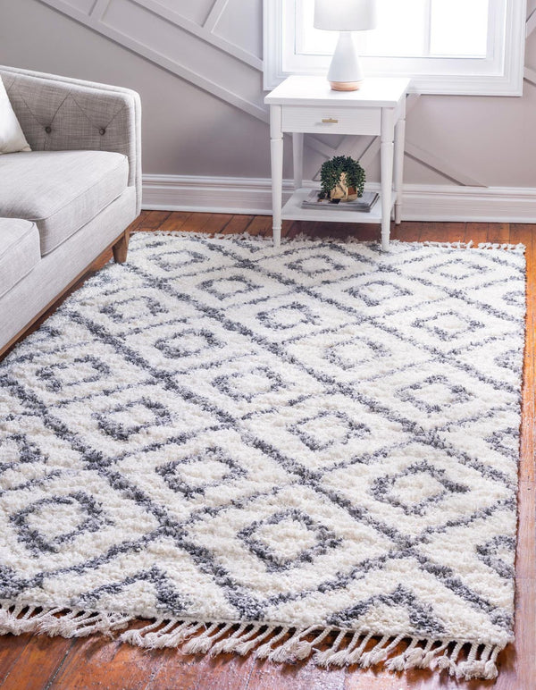 Unique Loom Hygge Shag Diamond Machine Made Geometric Rug Ivory, Gray 8' 0" x 10' 0"