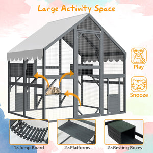 English Elm Extra Large Walk-in Outdoor Cat Enclosure with Oxford Roof Ramps and Dual Resting Huts W1422S00046
