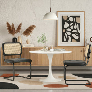 English Elm Kitchen Mid-Century Dining Chairs Set of 2 with Rattan Backrest, Cantilever Aluminum Legs, 300lb Capacity Black PU T3623P408455