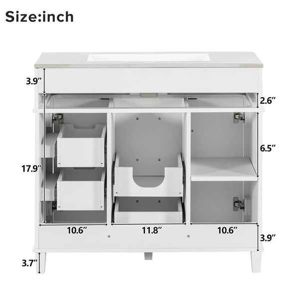 English Elm 36" White Bathroom Vanity Cabinet with Ceramic Sink, Gold Handles, Soft-Close Drawers & Adjustable Shelf N729P204177K