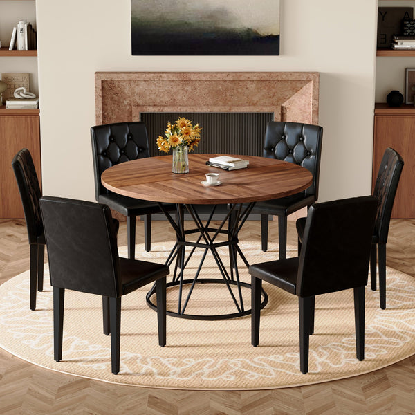 English Elm Table and Chair Set 7 Piece Round Walnut Mdf Industrial Dining with Pu Seats W1151S04848