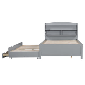 English Elm Full Size Wooden Led Platform Bed With Trundle, Storage Headboard & Usb Charging – Gray Finish N820S10009E