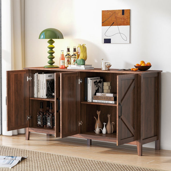 English Elm Cabinet Modern 4-Door Sideboard with 4 Open Shelves, 59" Freestanding Storage Console for Home Decor W331P266133