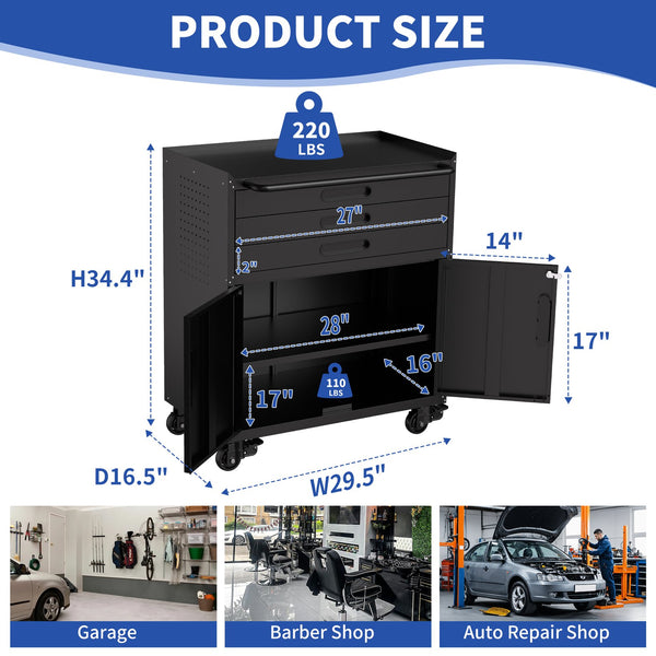 English Elm 34.3" Rolling Steel Workshop Cabinet with 3 Drawers Lockable Doors and Pegboard Sides W2735P428815