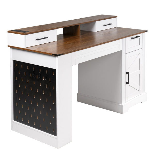 English Elm 55" Farmhouse Writing Desk with Cabinet Charging Station Pegboard and Monitor Stand White W2917S00008