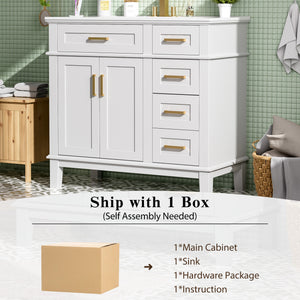 English Elm 36" Navy Bathroom Vanity Solid Wood Frame Ceramic Sink Gold Hardware Soft Close White N729P380151K