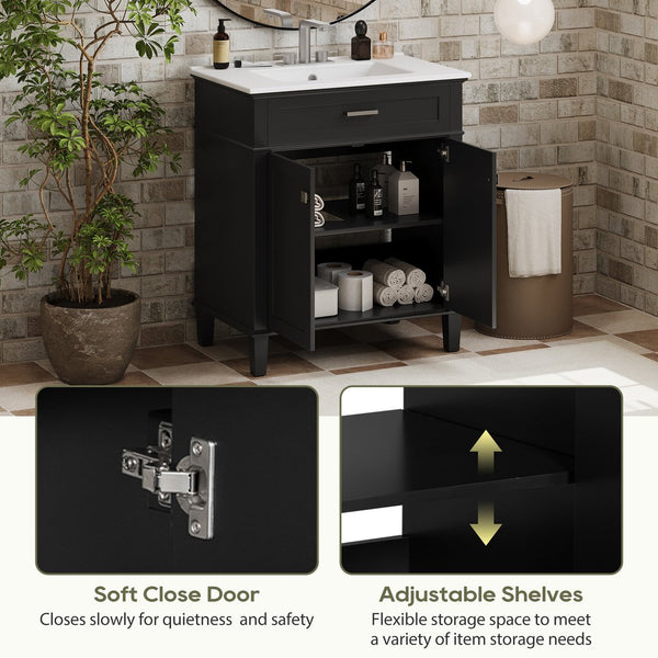 English Elm 30-inch bathroom vanity with ceramic basin, solid wood frame, soft-close doors and adjustable shelves for organized style and lasting durability Black N729P173380B