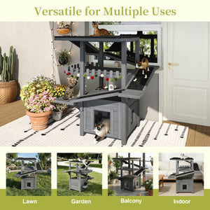 English Elm 4 Tier Outdoor Pine Cat Tower with Waterproof Roof Enclosed Den and Balcony Perch Grey N704P436318E