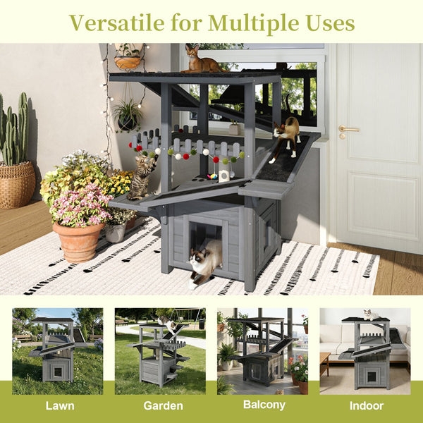 English Elm 4 Tier Outdoor Pine Cat Tower with Waterproof Roof Enclosed Den and Balcony Perch Grey N704P436318E