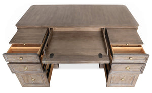 Hooker Furniture Sutter Executive Desk In Claro Distressed Oak With Champagne Hardware, 7-Drawer Storage & Slides 30.00 L x 66.00W x 30.25H 5981-10660-80