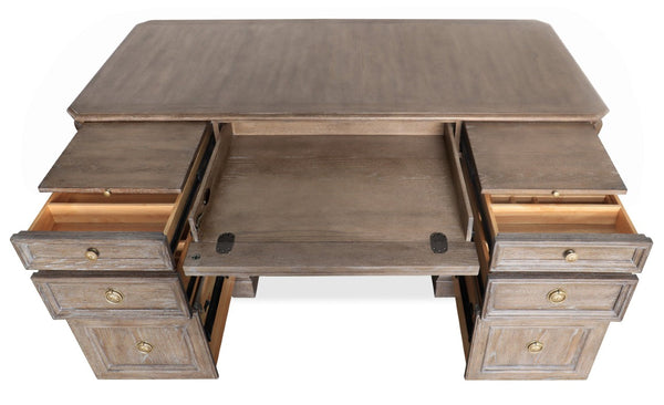 Hooker Furniture Sutter Executive Desk In Claro Distressed Oak With Champagne Hardware, 7-Drawer Storage & Slides 30.00 L x 66.00W x 30.25H 5981-10660-80