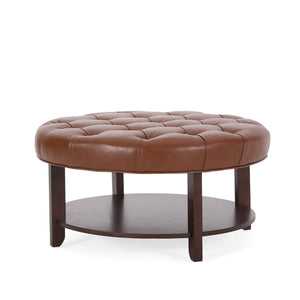 English Elm Round Tufted Pu Leather Ottoman with Open Shelf Storage for Living Room Light Brown 71589.00COGN