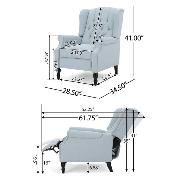 English Elm Christopher Knight Home® - Light Blue Button-Tufted Wingback Pushback Recliner Chair – Elegant Fabric Comfort, Cozy Support PMID 56992.00LSKY