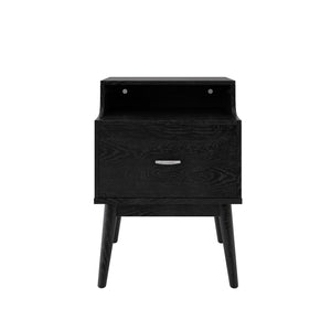 English Elm Christopher Knight Home® - DISA Mid-Century 1-Drawer Nightstand in Black Faux Wood with Splayed Legs, Silver Pull, Compact Storage 71156.00BLK