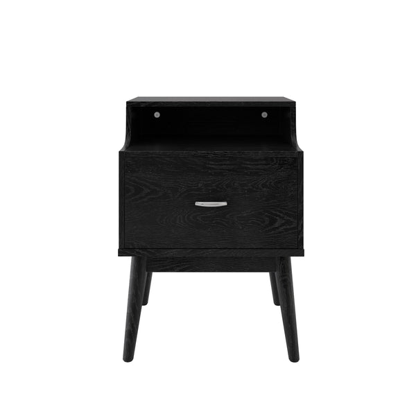 English Elm Christopher Knight Home® - DISA Mid-Century 1-Drawer Nightstand in Black Faux Wood with Splayed Legs, Silver Pull, Compact Storage 71156.00BLK