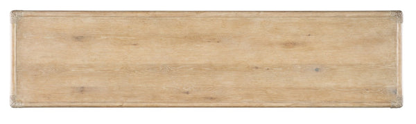 Hooker Furniture Retreat Coastal Rattan Console With Dune Finish, Rope Trim, X-Stretchers & 3 Soft-Close Drawers Light Wood 6950-80171-80