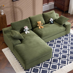 English Elm Green corduroy compressed sofa with 3 back cushions & 2 throw pillows — soft, resilient, space-saving comfort W3612S00016