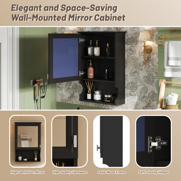 English Elm 20'' Half-Moon Wall Medicine Cabinet with Mirror, Solid Wood Frame, Soft-Close Hinges, Space-Saving Elegance Black N710P313827B