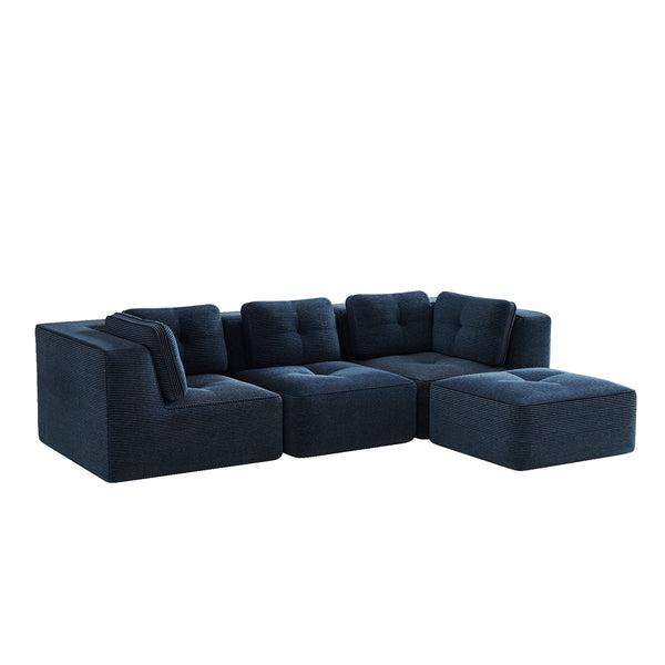 English Elm Modern Corduroy Sectional Sofa Tufted 3 Seater with Movable Ottoman Deep Seat Blue W714S01802