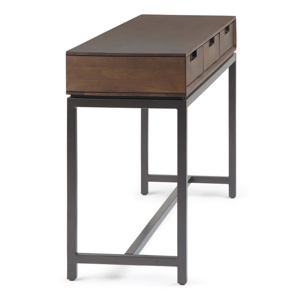 English Elm Banting Mid Century Wide Console Table Walnut Brown – Solid Rubberwood, 3 Drawers, Industrial Metal Base B136P158452