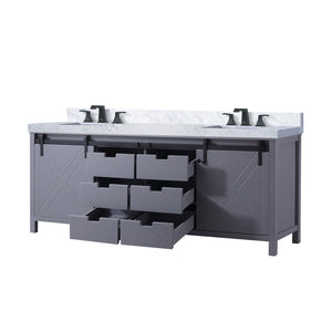 English Elm Dark Grey 84in Double Bath Vanity with Carrara Marble Countertop, Matte Black Faucet, Soft-Close Drawers B2731P260169