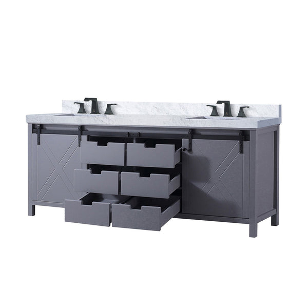 English Elm Dark Grey 84in Double Bath Vanity with Carrara Marble Countertop, Matte Black Faucet, Soft-Close Drawers B2731P260169
