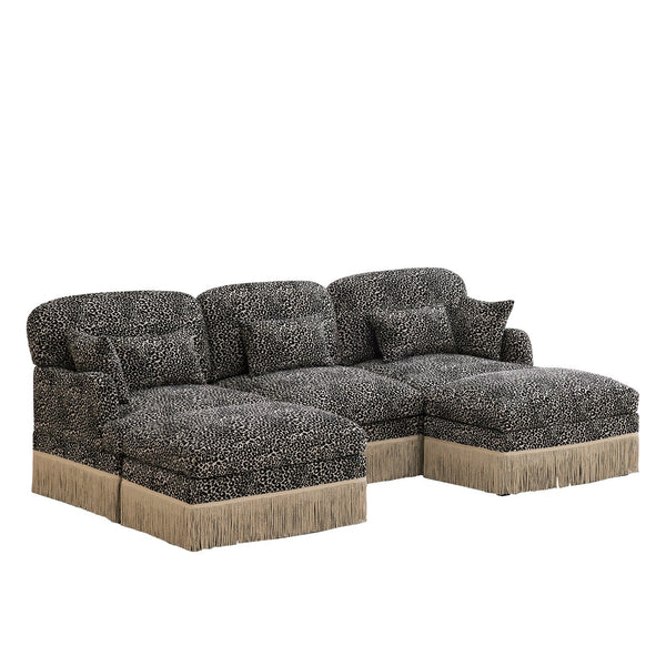 English Elm 100"comfy Chenille Leopard Print U-shaped Sectional with Tassel Trim and Modular Ottomans Khaki W5656S00024