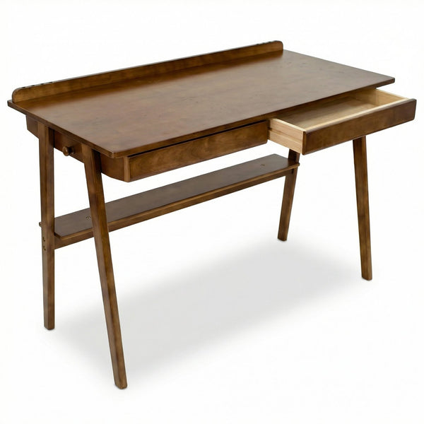 English Elm Solid Wood Writing Desk Mid Century Walnut Finish Two Drawers Shelf and Side Hooks W3204P465630