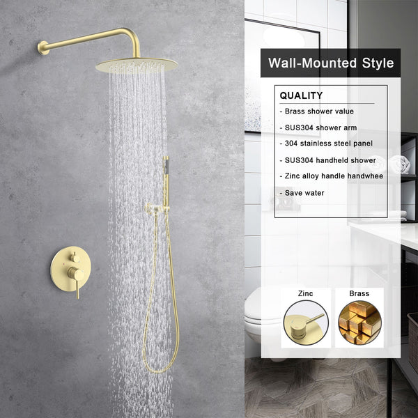 English Elm Shower Modern Wall-Mounted 10" Rainfall System in Matte Black with Brass Valve, Handheld, Sleek Design T3177P363596