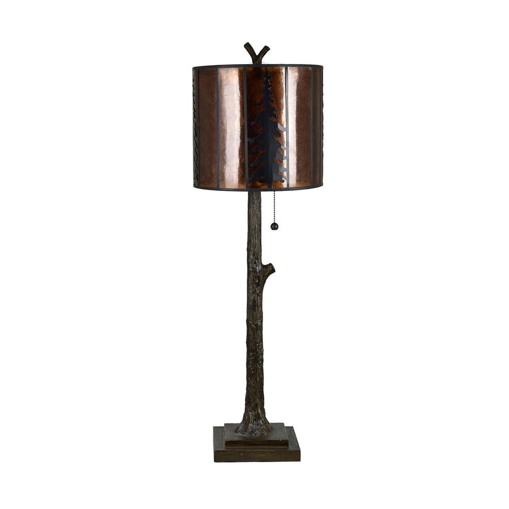 Crestview Collection 38"H Rustic Resin Buffet Lamp With Amber Mica Shade, Pine Tree Silhouettes & Unique Treetop Finial   Cvazvp129