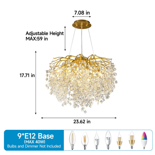 English Elm Modern Gold Branch Chandelier with Crystal Pendants for Dining and Living Rooms W5008P391089