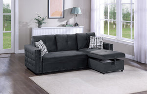 English Elm Black Velvet Convertible Sectional Sofa with Pull-Out Bed, Reversible Storage Chaise, Tufted Elegance B011S01023