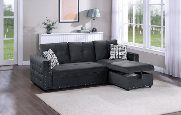 English Elm Black Velvet Convertible Sectional Sofa with Pull-Out Bed, Reversible Storage Chaise, Tufted Elegance B011S01023