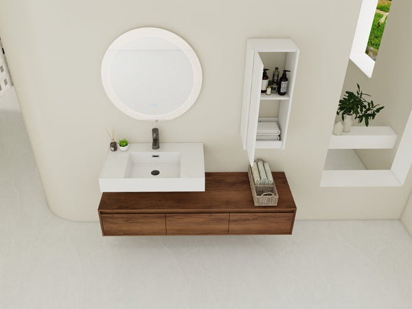 English Elm 60 Inch Wall-Mounted Bathroom Vanity Set With Resin Sink, Soft-Close Drawers, And Side Cabinet Space W999S00284