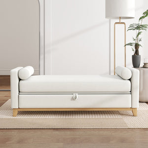 English Elm 66 Inch Sherpa Upholstered Storage Bench with Fluted Wood Base and Bolster Pillows Beige+Natural W1658P446112
