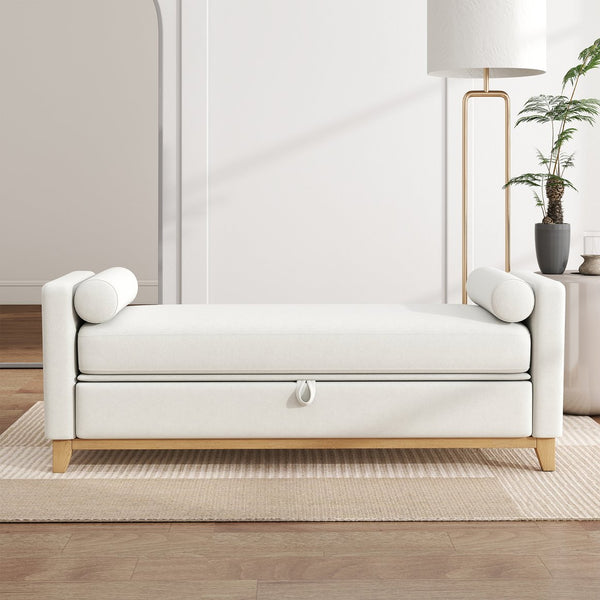 English Elm 66 Inch Sherpa Upholstered Storage Bench with Fluted Wood Base and Bolster Pillows Beige+Natural W1658P446112