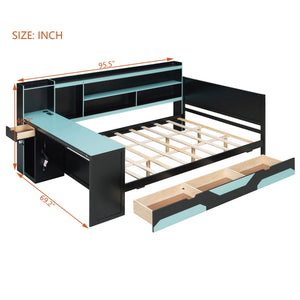 English Elm Queen Gaming Bed Frame with Desk Led Lighting Storage Drawers and Bookcase Headboard Black+Blue LP000290AAC