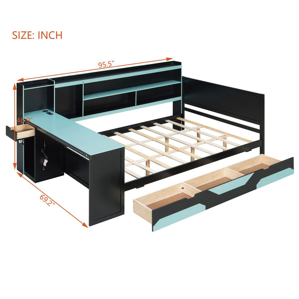 English Elm Queen Gaming Bed Frame with Desk Led Lighting Storage Drawers and Bookcase Headboard Black+Blue LP000290AAC
