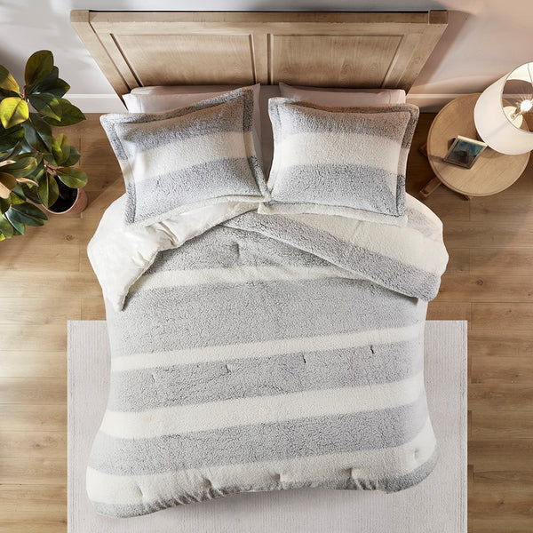 English Elm Twin Sherpa Comforter Set - Farmhouse Striped Sherpa, Oeko-Tex Softness, Reversible Mink, Machine Washable B035129371