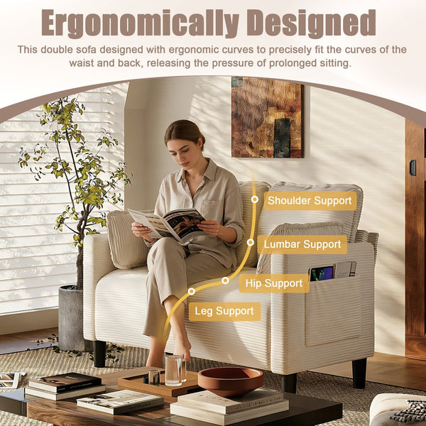 English Elm 48" Corduroy Compact Loveseat with Side Pocket Solid Wood Frame for Small Spaces Beige W2715P409864