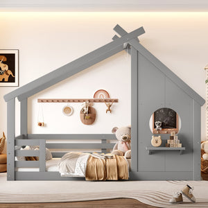 English Elm Twin House Floor Bed with Window & Shelf, Solid Wood Pitched Roof Design for Safe Cozy Sleep Grey W1580P362683