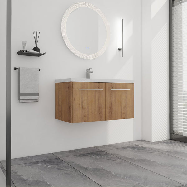 English Elm 36 Inch Floating Bathroom Vanity with Resin Sink, Soft-Close Doors, KD Pack, Modern Storage Design W999P188200