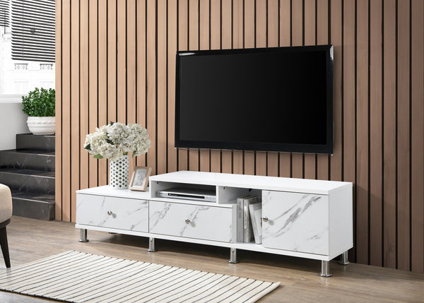 English Elm 1pc Timeless Entertainment Console with Faux Marble Top, Antique Two-Tone Finish, Sliding Doors and Drawers White 18.11 L x 73.43 W x 19.09 H B2741P295128