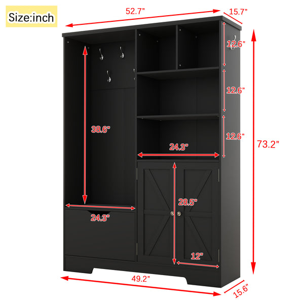 English Elm Multi-functional Entryway Hall Tree with Hooks Bench Drawer Cabinet in Matte Black W1307S00034